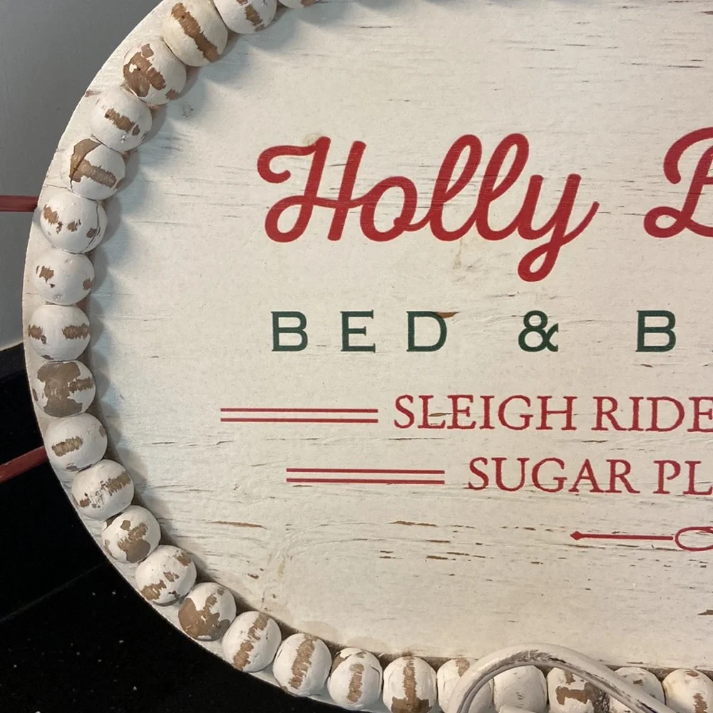 18” Tray HOLLY BERRY Christmas Holiday Wood Shabby Chic Chippy Beaded Farmhouse - Picture 7 of 10